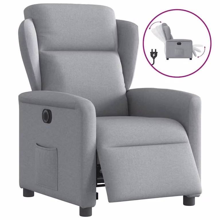 Sillón reclinable eléctrico vidaXL en tela gris claro con reposabrazos y diseño moderno para salón