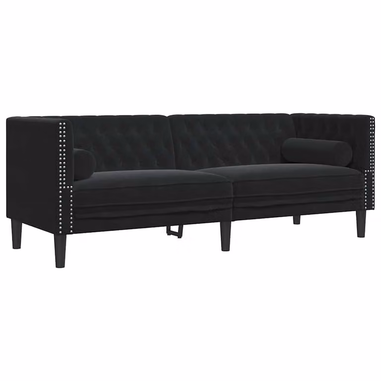 Sofá Chesterfield de 3 plazas vidaXL tapizado en terciopelo negro con cojines y estructura de madera An/P/Al: 194 x 74,5 x 70,5 cm