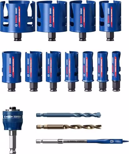 Set de 15 sierras de corona Bosch Professional Expert para materiales de construcción con punta de carburo en colores gris y azul