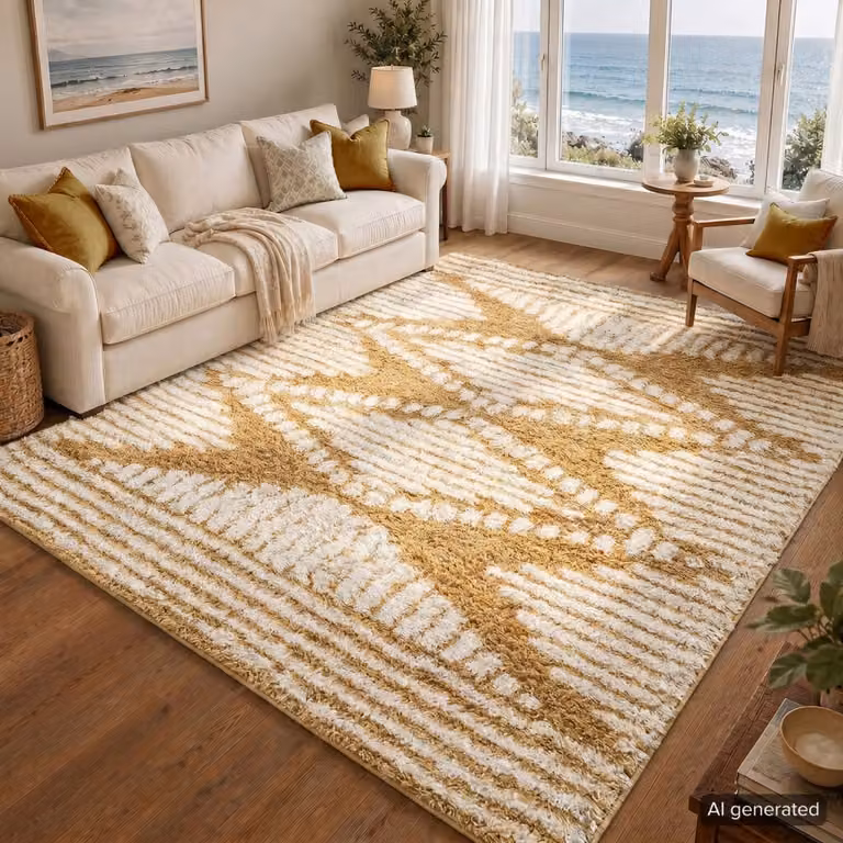 Alfombra shaggy bohemia Livabliss en color camello y marfil, An: 160 cm, Al: 220 cm