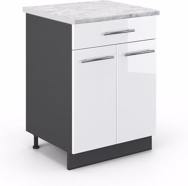 Mueble bajo de cocina Vicco Fame-Line en blanco alto brillo con encimera de mármol, An/P/Al: 60 x 35,5 x 82 cm