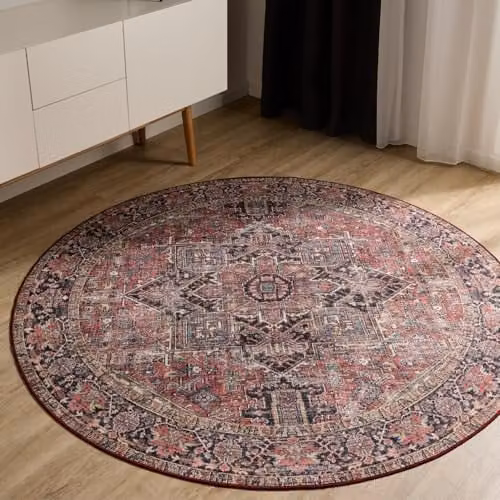 Alfombra Benuta Basic George Redonda Multicolor y Beige de 120 cm, Estilo Vintage y Lavable en Fibra Sintética