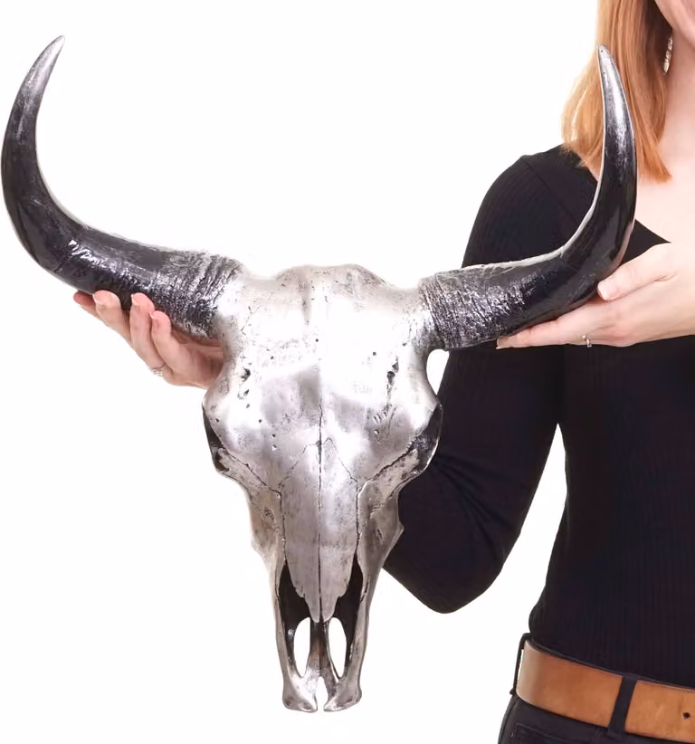 Cráneo decorativo de animal Mendler en color plateado y gris, diseño de estilo rústico para colgar en la pared, Altura: 45 cm