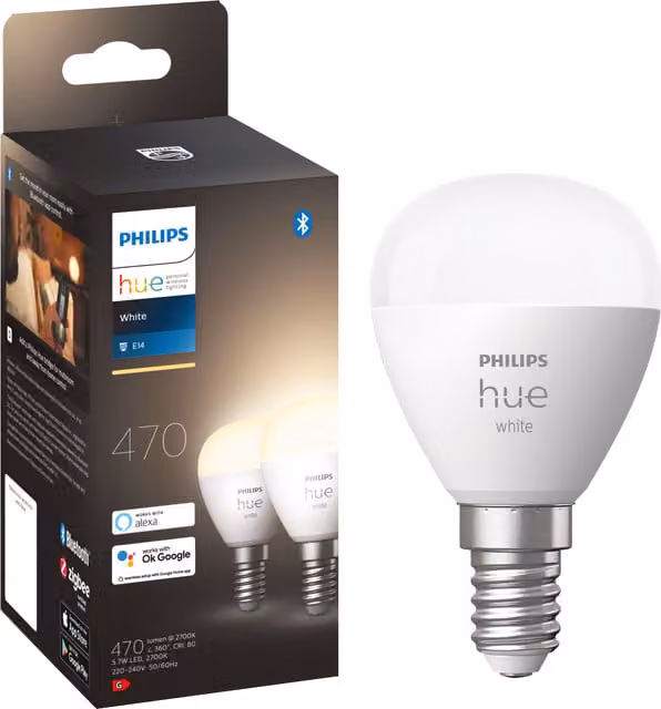 Pack de 2 bombillas inteligentes Philips Hue White esféricas E14 LED de luz blanco cálido 2700K de 806 lúmenes y 5.7W con regulación de intensidad