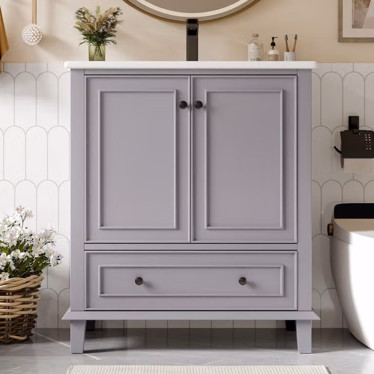 Mueble de baño Urban Meuble de diseño clásico en color gris mate con lavabo y cajones en blanco