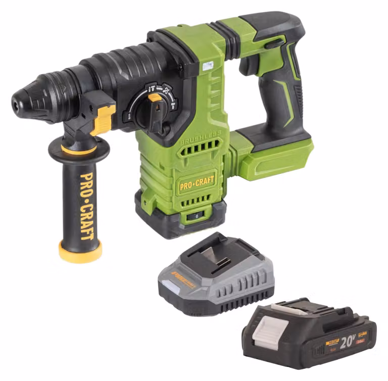 Martillo perforador inalámbrico Procraft PHA30bb 20 V con tecnología Brushless, sistema SDS plus, 2,8 J, incluye 1 batería de 2,0 Ah y cargador en colores negro, verde y amarillo