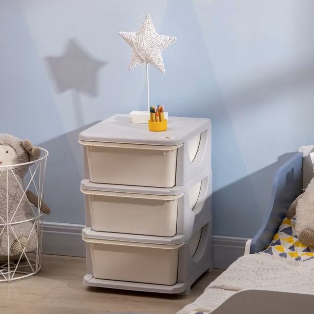 Organizador de juguetes infantiles HOMCOM con 3 niveles de cajones de plástico en color beige, An/P/Al: 37 x 37 x 56,5 cm