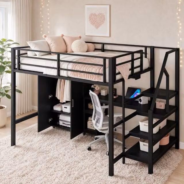 Cama alta infantil MODENVIE con armario, estantes, escritorio y escalera con almacenaje, An/P/Al: 200 x 140 x 160 cm, color negro