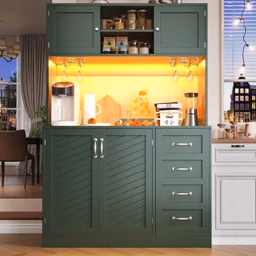 Aparador Buffet OKWISH con Iluminación LED, Estante para Snacks y Portabebidas, 4 Puertas y 2 Cajones, Verde, An: 120 cm, P: 40 cm, Al: 188 cm