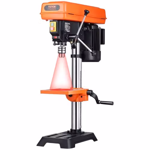 Taladro de banco VEVOR de 254 mm con motor de inducción de 550 W, velocidad variable de 550 a 2500 RPM y mesa de trabajo inclinable de 0 a 45 grados en color naranja para madera y metal