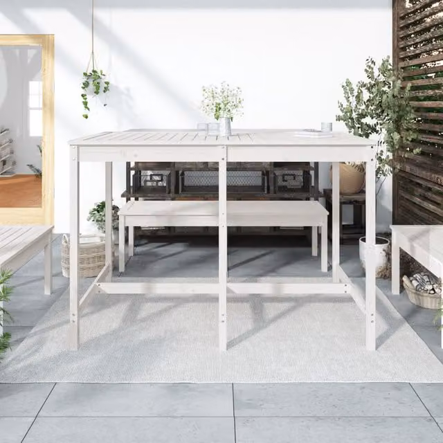 Mesa de jardín SYFAX de madera de pino maciza en color blanco, diseño rectangular de estilo rústico, An/P/Al: 159,5 x 82,5 x 110 cm