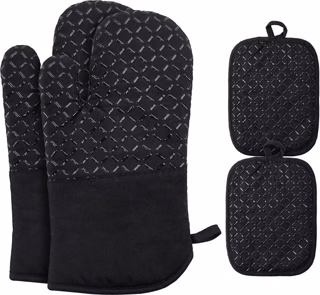 Juego de 2 guantes de horno Bebusingoto de algodón negro, resistentes al calor, antideslizantes y largos de 31 cm