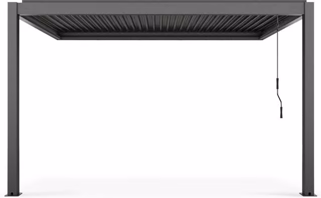 Toldo bioclimático adosado OVIALA de aluminio en color gris antracita con canalón de lluvia