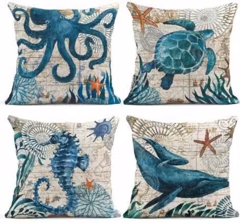 Juego de 4 fundas de cojín MIMIY con temática náutica azul océano, estilo mediterráneo, An/P/Al: 45 x 45 x 45 cm