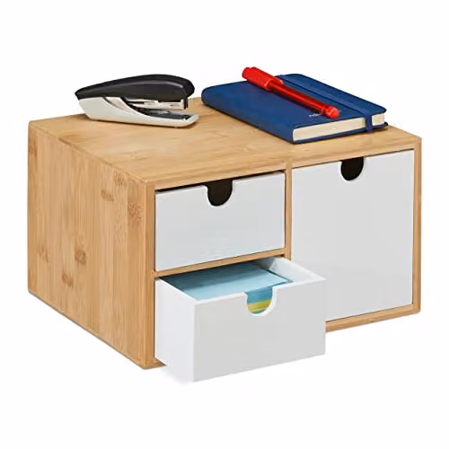 Organizador de escritorio Relaxdays con 3 cajones de madera de bambú y MDF, color blanco y marrón, An/P/Al: 25 x 14,5 x 20 cm