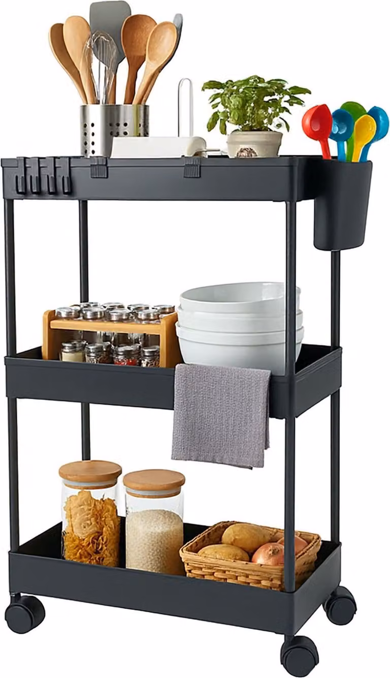 Carrito de tres niveles Northix en metal negro mate con ruedas para cocina, baño u oficina