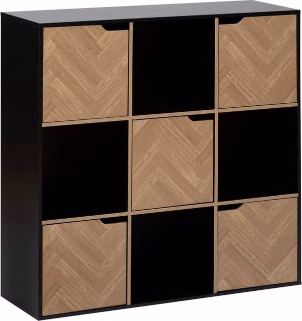 Estantería Chevron 5five con 9 compartimentos y 5 puertas, diseño geométrico moderno en efecto madera roble y negro, An/P/Al: 100,5 x 32 x 28 cm
