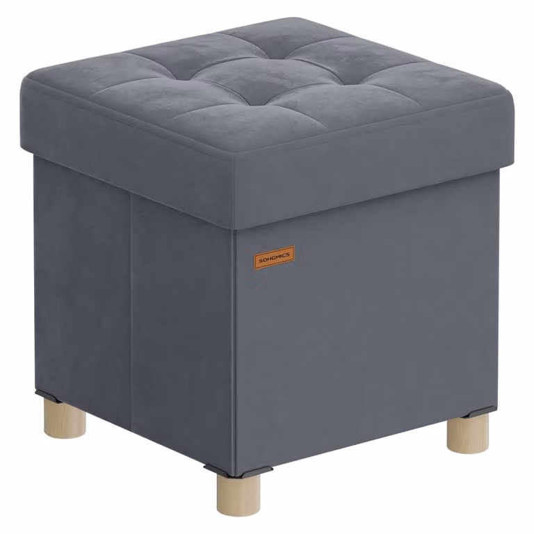 Puff de almacenaje plegable Songmics en terciopelo gris, banco y reposapiés con capacidad de 37 l, An/P/Al: 38 x 38 x 40 cm