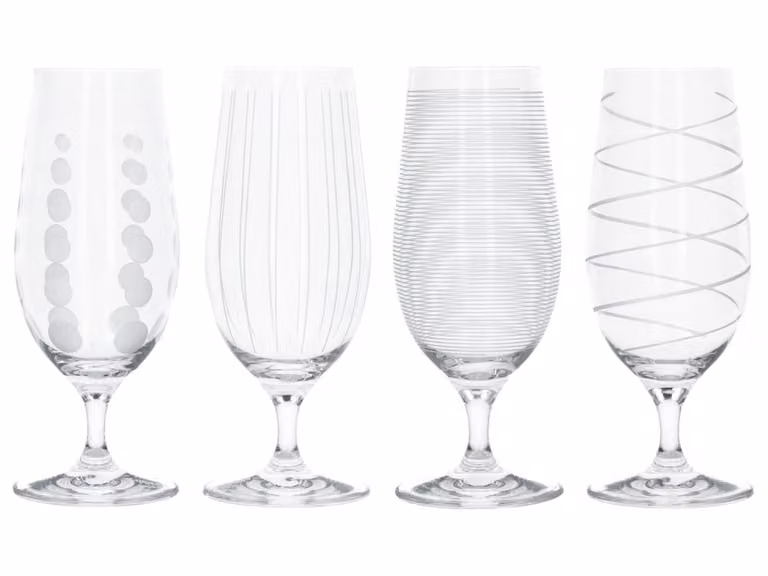 Lote de 4 vasos de cerveza pilsner con pie Mikasa en cristal transparente y plata