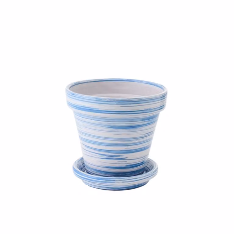 Macetero de mesa redondo con platillo de cerámica J-line azul y blanco con diseño de rayas An/P/Al: 27 x 27 x 25 cm