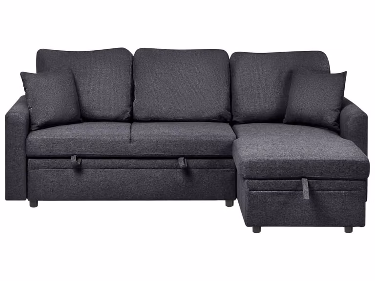 Sofá cama esquinero Beliani de 3 plazas tapizado en tejido negro con orientación izquierda y función de cama con elevación de asiento