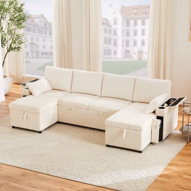 Sofá Cama de 4 Plazas DREAMMESPACE en Forma de U con Portavasos y Cojines, Reversible y Tapizado en Chenilla Beige, An/P/Al: 272 x 131 x 84 cm