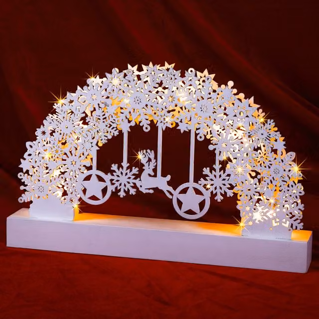 Figura navideña de arco de madera con iluminación LED Monzana en color blanco y marrón con diseño de copo de nieve y estrellas para decoración de mesa