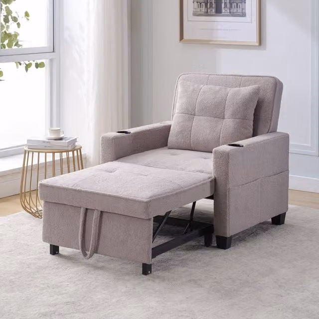 Sofá Cama Individual Extensible 3 en 1 KELLANY en Gris con Portavasos, Puerto USB y Reposabrazos