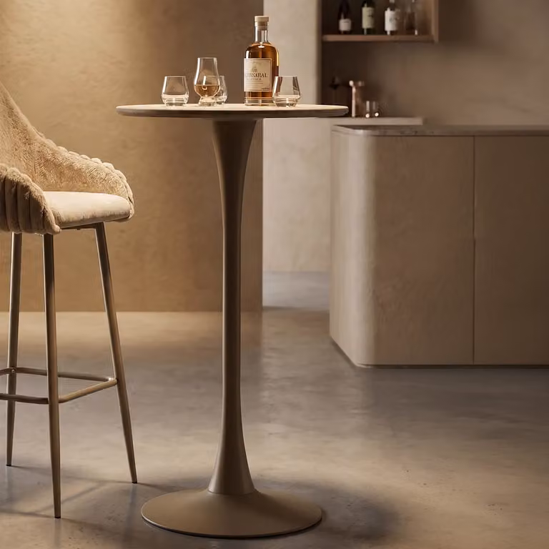 Mesa de bar moderna Mauro Ferretti de madera y metal color beige Diámetro: 60 cm, Altura: 106 cm