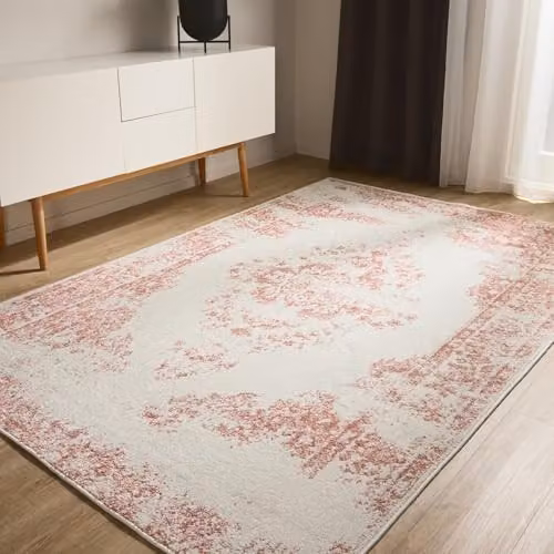 Alfombra Benuta Basic SIA de estilo vintage y diseño abstracto en color crema y rosa, rectangular, An/P: 60 x 120 cm