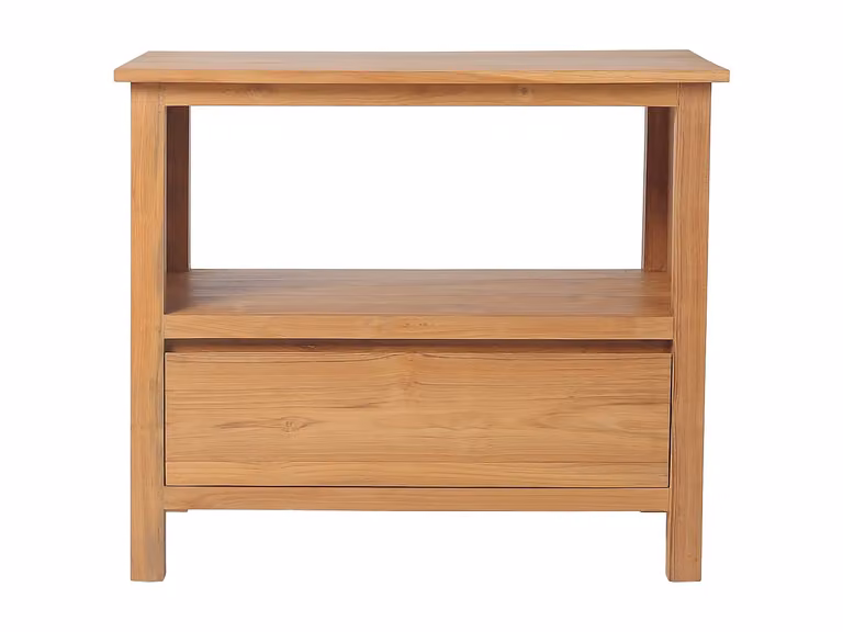 Mueble de baño de teca KETAPANG en color marrón y beige con estantes y cajones internos