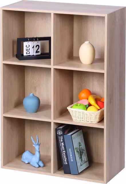 Estantería de pie con 6 compartimentos en formato cubo Relaxdays, color roble, An/P/Al: 91 x 61 x 30 cm
