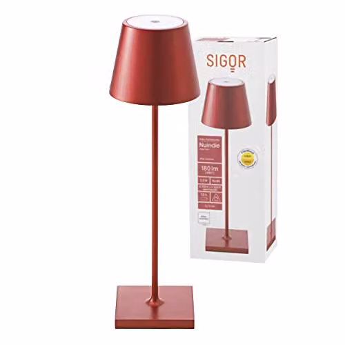 Lámpara de mesa LED recargable SIGOR Nuindie, color rojo, regulable, con protección IP54, Altura: 38 cm