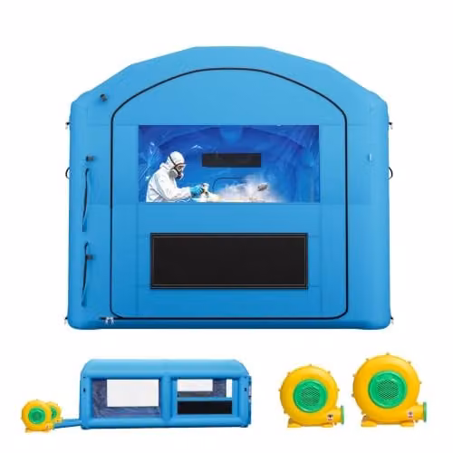 Cabina de pintura inflable VEVOR azul y transparente con sistema de filtración y sopladores de 550 W y 750 W para motos y muebles