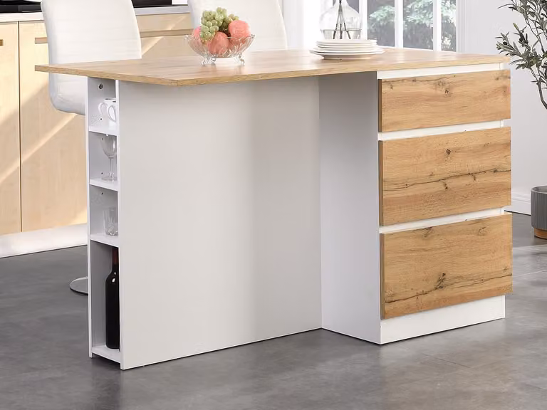 Isla central de cocina POMARELA con 6 cajones y 4 estantes de MDF en color blanco y beige