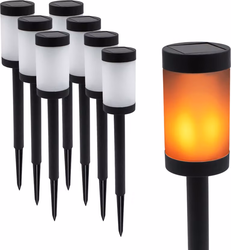 Juego de 8 antorchas solares Spetebo con efecto de llama LED para jardín y terraza, color negro y naranja, Al: 41 cm, An: 6 cm