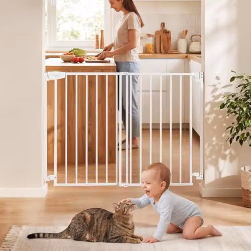 Barrera de seguridad VEVOR ajustable para niños, perros y gatos en color blanco, ideal para puertas y escaleras, An/P/Al: 72 a 108,5 x 76 cm