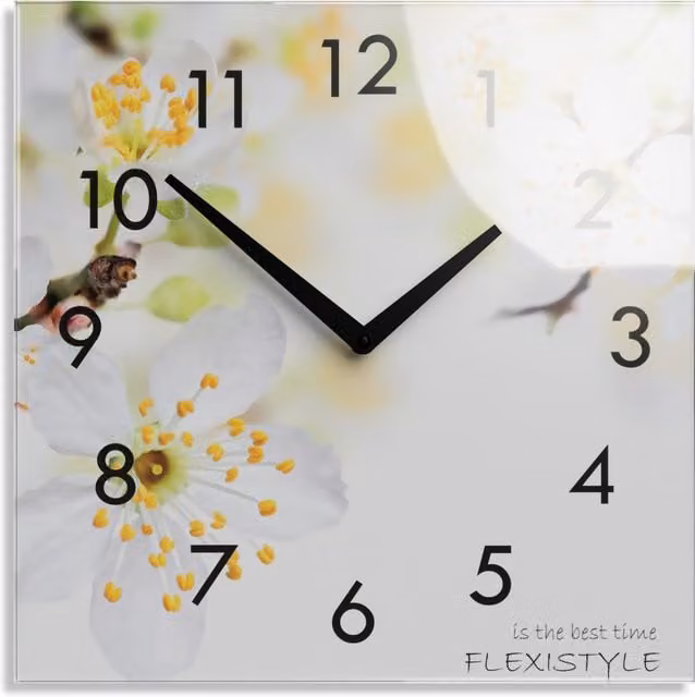 Reloj de pared analógico Flexistyle con diseño floral de flor de cerezo, silencioso, blanco y multicolor, cuadrado, 30 x 30 x 3 cm