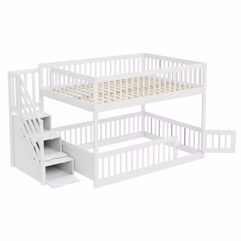 Cama alta infantil MODFU de madera maciza blanca con cajones, zona de juegos y estantería integrada, An/P/Al: 140 x 200 cm