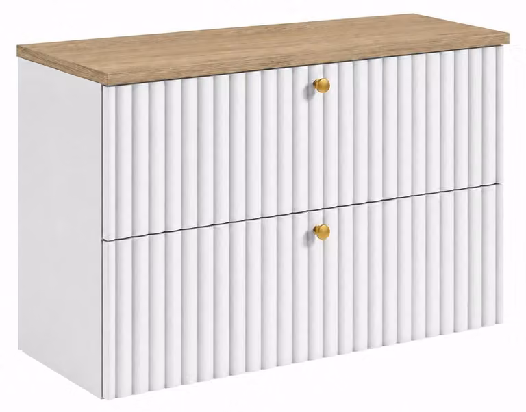 Mueble de baño suspendido 3E 3xE living.com en color blanco y roble claro, An/P/Al: 80 x 44,4 x 58,6 cm