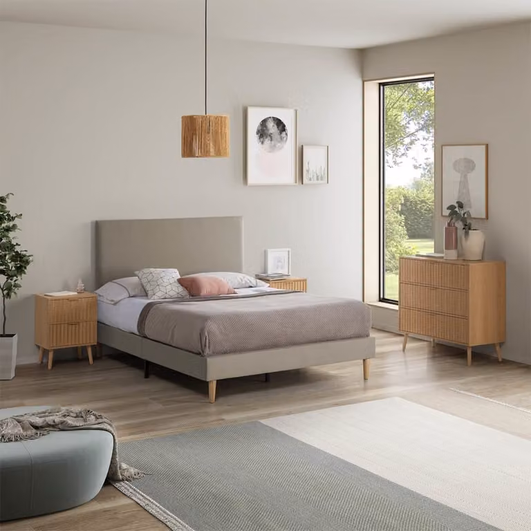 Cabecero Aura tapizado en tela beige de diseño moderno para dormitorio An/P/Al: 150 x 5 x 60 cm
