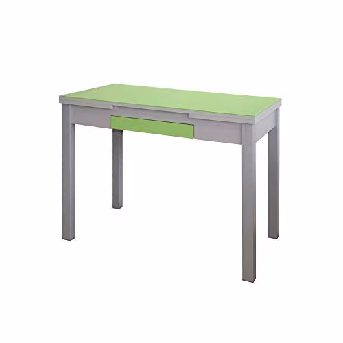 Mesa extensible MOMMA HOME Modelo Tetra en color verde y plata con cristal templado y MDF, An/P/Al: 100/160 x 60 x 77 cm
