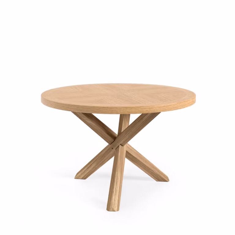 Mesa de comedor redonda Kalei de Koketto Home en color roble y marrón con patas en X