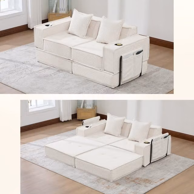 Sofá Cama Doble Moderno KELLANY de Tela de Pana en Beige y Blanco con Dos Cojines, Portavasos y Espacio de Almacenamiento, An/P/Al: 140 x 200 cm