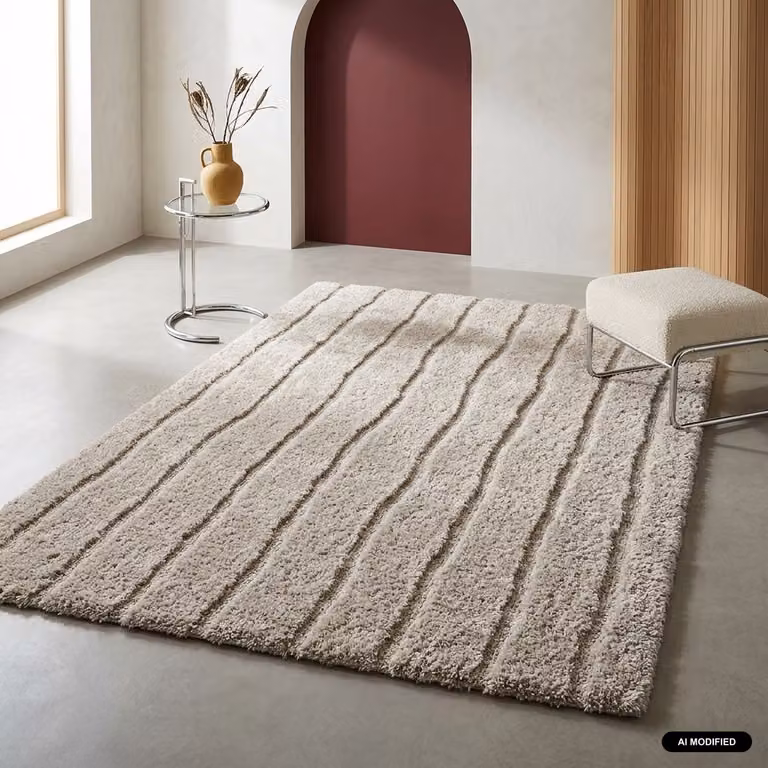 Alfombra interior Sweeek de diseño lineal a rayas en color beige, fabricada en poliéster reciclado con certificación Oeko-Tex Standard 100, An: 120 cm, P: 76,2 cm