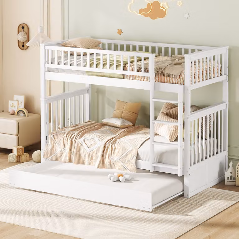 Cama infantil MODFU con cama abatible y barandilla de seguridad, color blanco, incluye dos colchones, An/P/Al: 90 x 200 x 160 cm