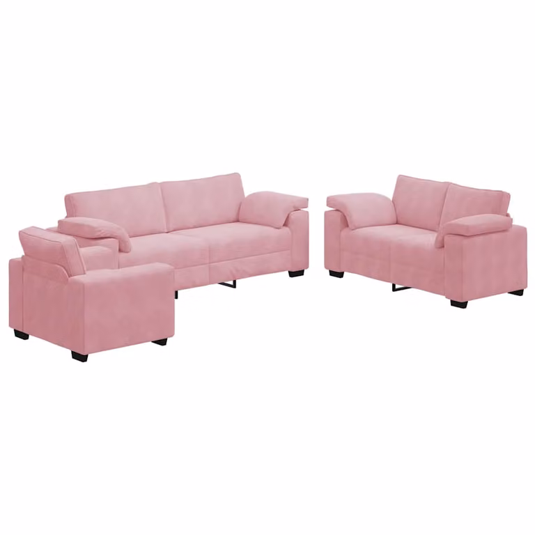 Juego de sofás de 3 piezas vidaXL en terciopelo rosa con cojines y estructura de madera y metal para salón o despacho