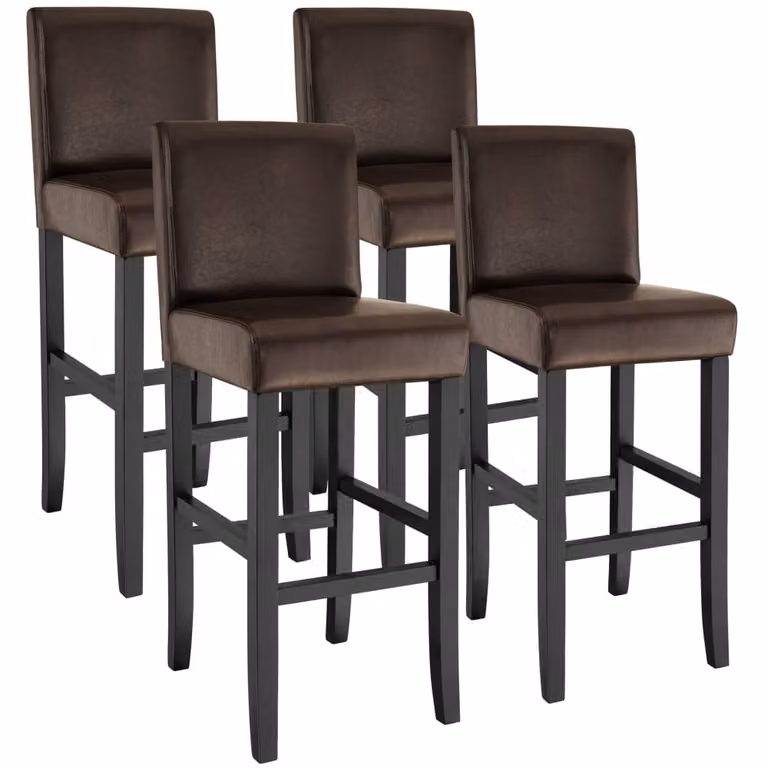 Set de 4 taburetes altos TecTake acolchados en piel sintética marrón con reposapiés y estructura de madera, Altura: 76 cm