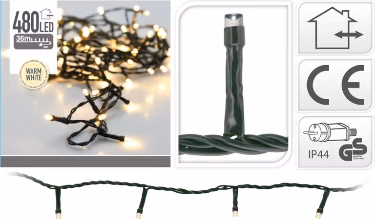 Guirnalda de luces LED de Navidad ECD Germany con 480 LEDs, 36 m, luz blanca cálida, apta para interior y exterior, IP44