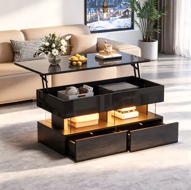 Mesa de centro elevable MODFU en color negro con almacenamiento oculto, 2 cajones, sistema LED y Bluetooth, An/P/Al: 100 x 50 x 46 cm